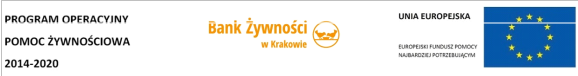 Logotypy: Program Operacyjny Pomoc Żywnościowa 2014-2020, Bank Żywności w Krakowie, Unia Europejska Europejski Fundusz Pomocy Najbardziej Potrzebującym