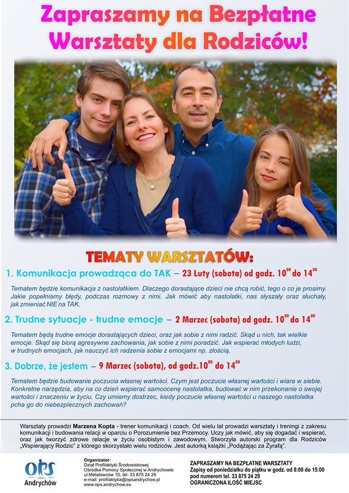 Plakat z informacjami zawartymi w treści artykułu. Na górze plakatu zdjęcie uśmiechniętej rodziny - rodziców, syna i córki.