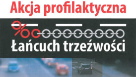 Zdjęcie samochodów na drogach, na tym tle napis "Akcja profilaktyczna Łańcuch trzeźwości