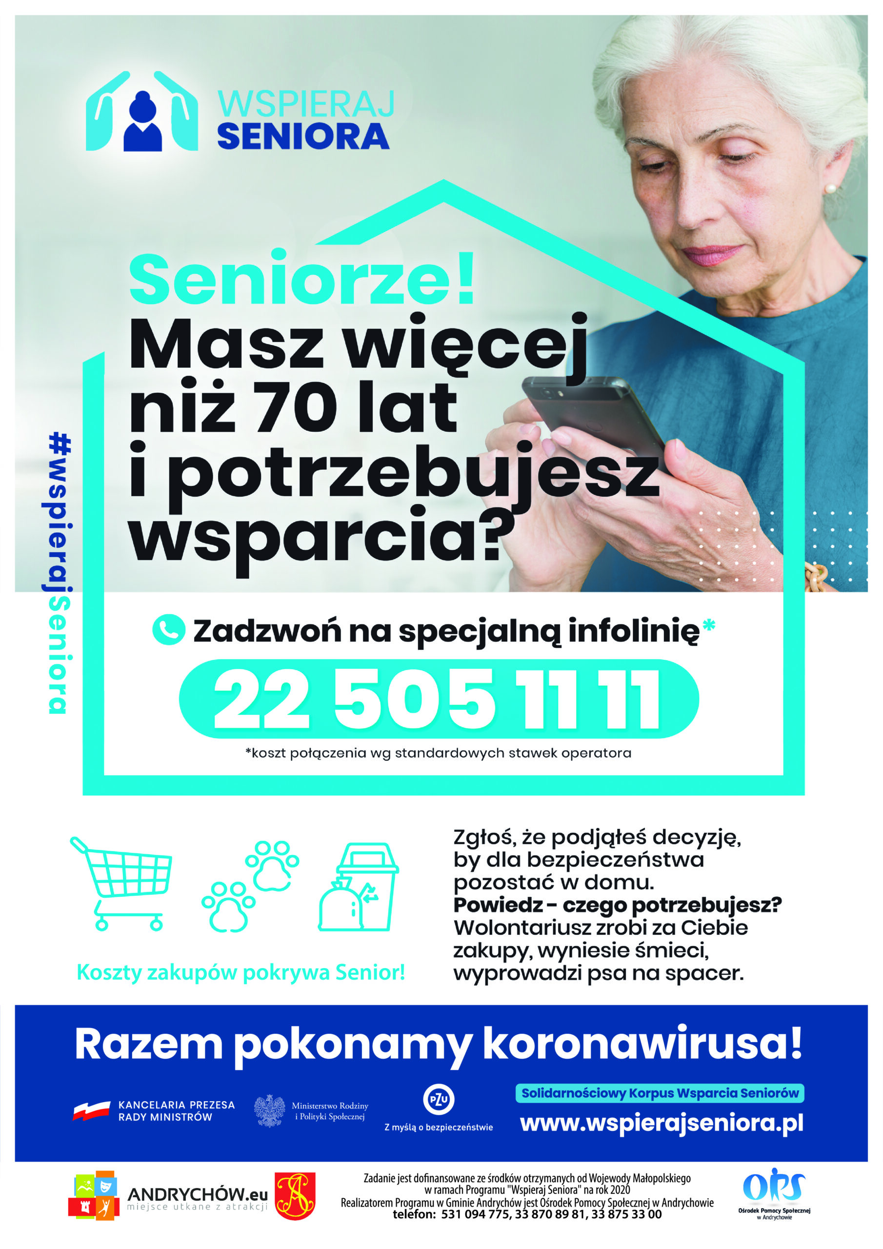 Plakat - starsza kobieta trzyma w rękach telefon, informacje zawarte na plakacie dostępne poniżej