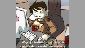 Rysunek chłopca, który siedzi przy komputerze, chłopiec jest blady, wokół niego bałagan - opakowania po jedzeniu