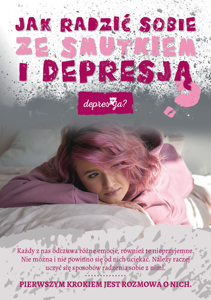 Młoda dziewczyna leży na łóżku, jest smutna, napis: Jak radzić sobie ze smutkiem i depresją?