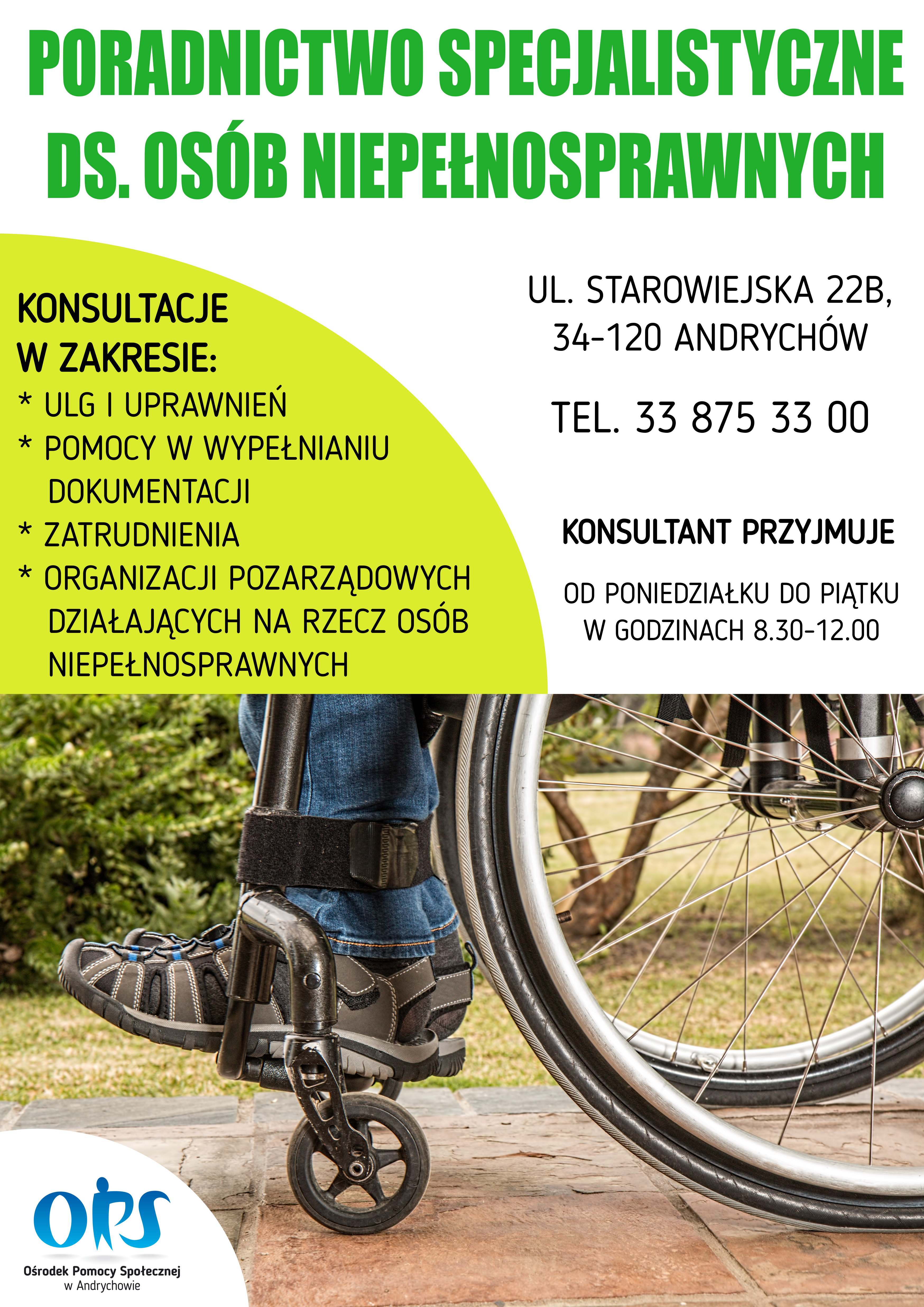 plakat - zdjęcie wózka inwalidzkiego, logo Ośrodka Pomocy Społecznej w Andrychowie, informacje zawarte w treści artykułu