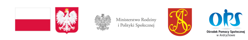 flaga i godło Polski, logo Ministerstwa Rodziny i Polityki Społecznej, herb Andrychowa, logo Ośrodka Pomocy Społecznej w Andrychowie