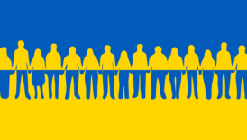 sylwetki ludzi na tle flagi Ukrainy