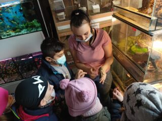 Sprzedawczyni pokazuje dzieciom jaszczurkę