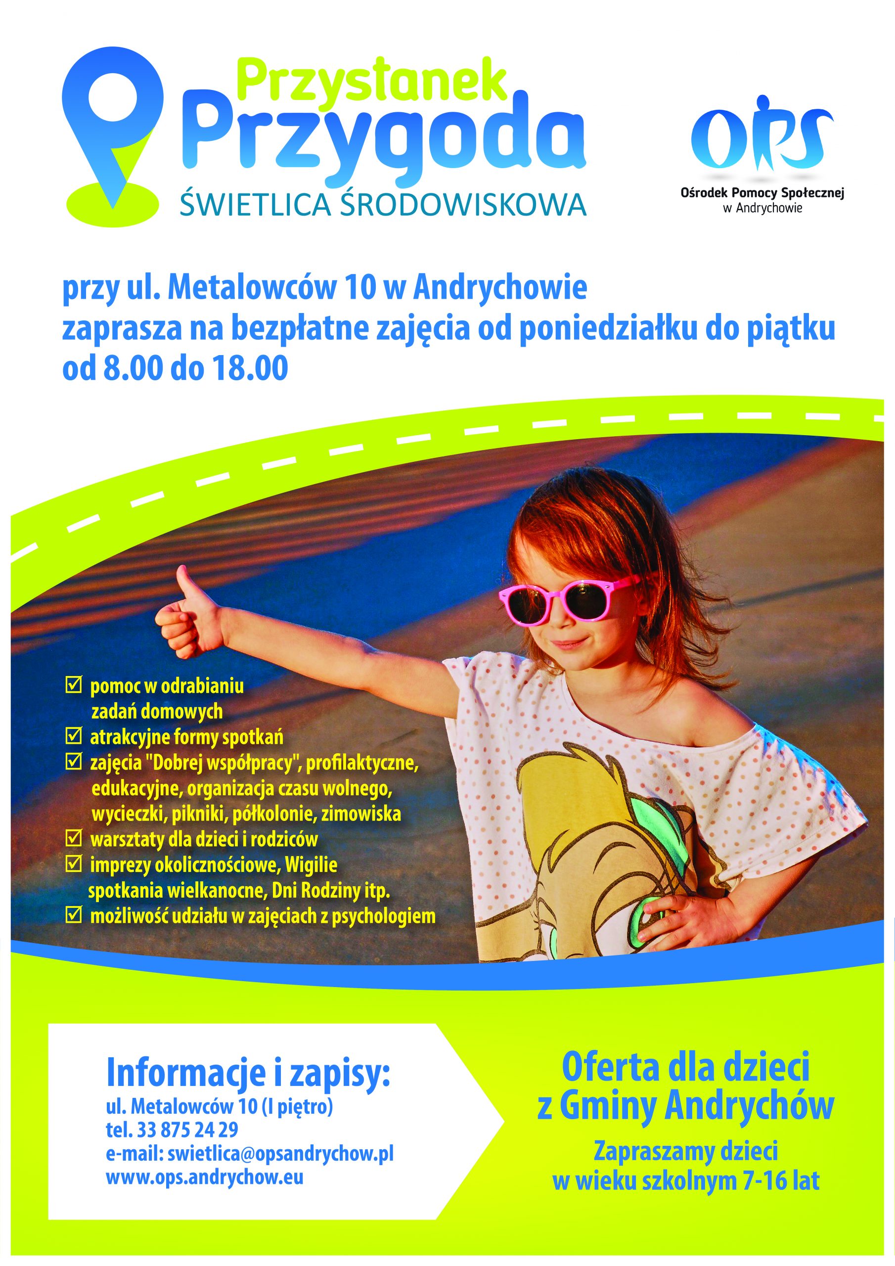 plakat, na nim zdjęcie dziewczynki łapiącej autostop, logo świetlicy i logo Ośrodka pomocy społecznej w Andrychowie, informacje zawarte w treści artykułu