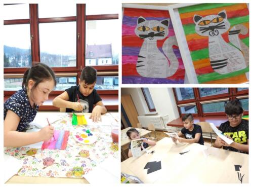 Dzieci malują farbami kolorowe paski, wycinają kota z gazety