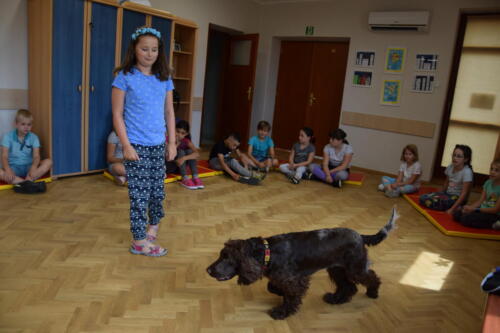 dzieci siedzą w półkolu, w środku stoi dziewczynka i pies