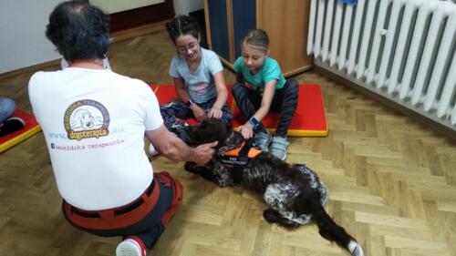 Dzieci głaszczą psa, obok niego prowadzący spotkanie w koszulce z logo Beskidzka Terapeutka dogoterapia.