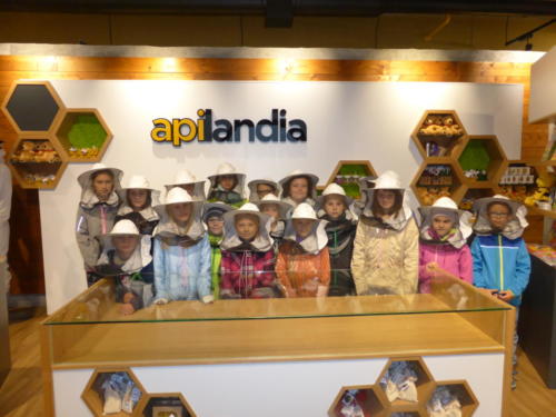 Dzieci w kapeluszach pszczelarskich na tle napisu "Apilandia"