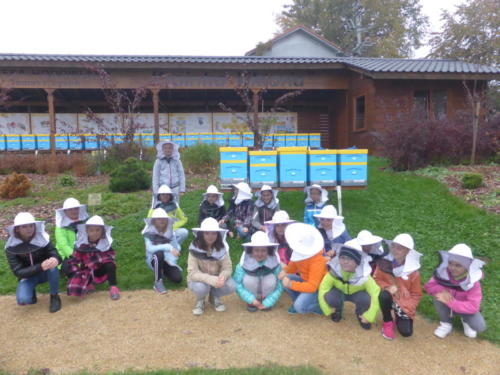 Dzieci w kapeluszach pszczelarskich na tle uli