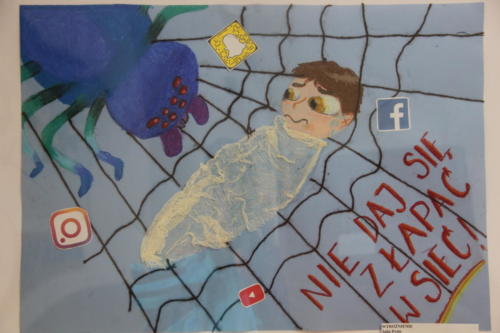 Plakat - dziecko złapane w sieć pająka, napis "Nie daj się złapać w sieci"