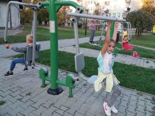 Dzieci korzystające z urządzeń do ćwiczeń w parku.